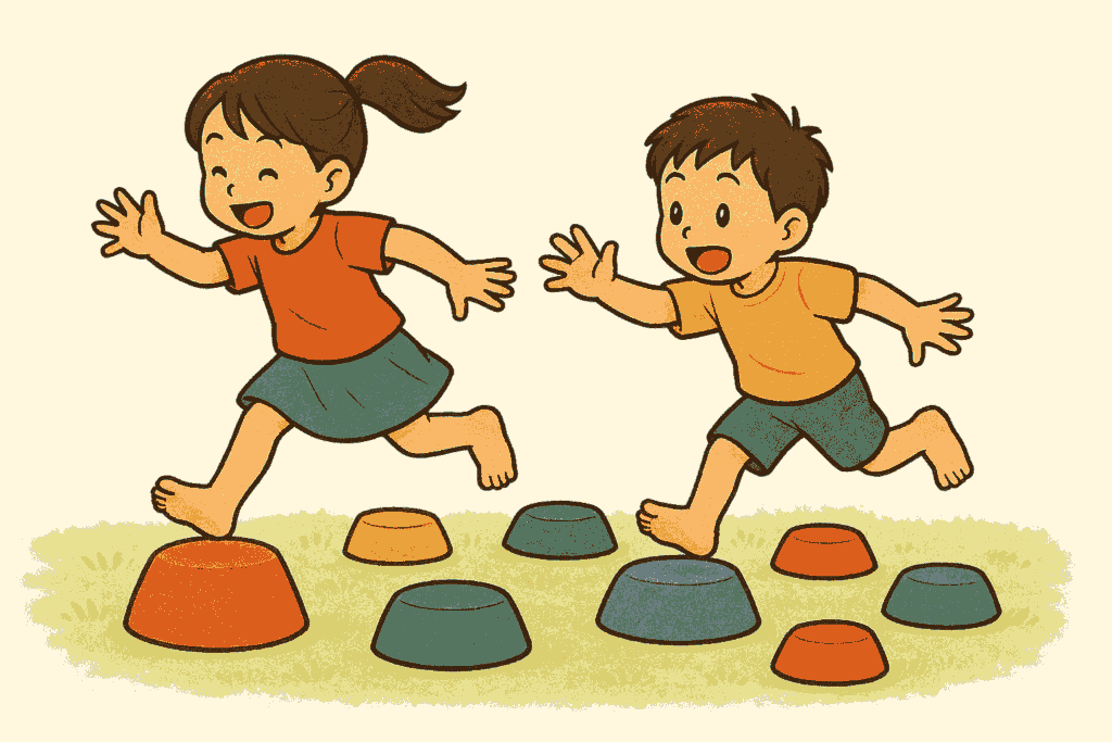 バランスストーンの上で鬼ごっこする子ども